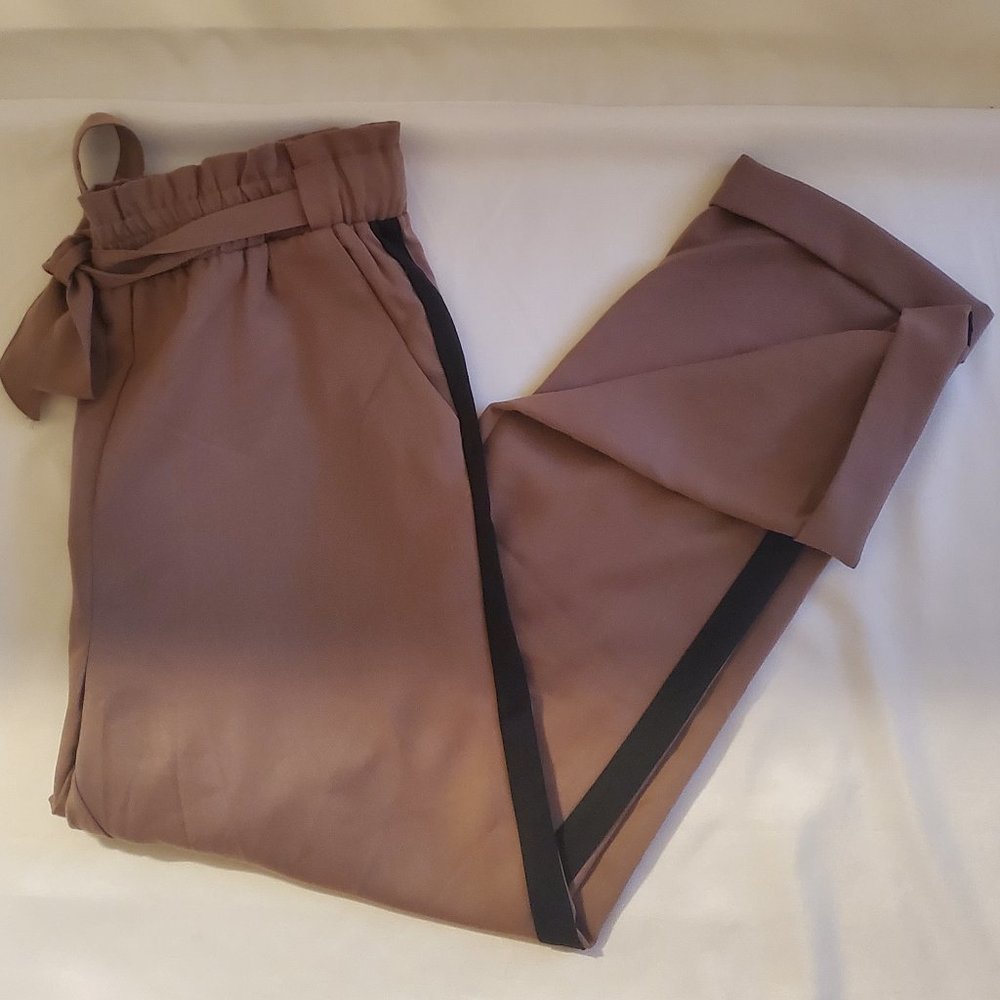 NWT HYFVE Trousers w/ Waist Band Tie Twilight Mauve w/ Black Stripe Size Large